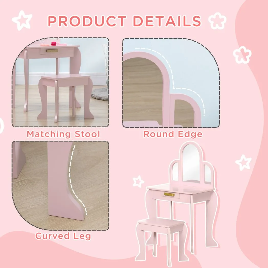 Kids Dressing Table and Stool w/ Mirror and Drawer, for Ages 3-6 Years - Pink - Image 6