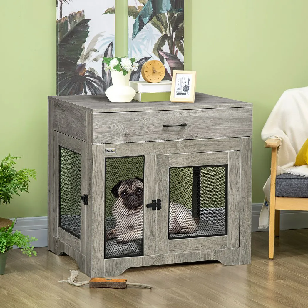 Double-Door Dog Kennel Furniture Pet Crate, for Medium Dogs, Indoor Use - Grey - Image 2