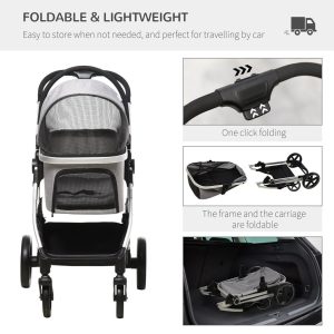 PawHut One-Click Foldable Pet Stroller w/ Storage Basket, for Small Pets - Grey - Image 6