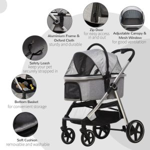 PawHut One-Click Foldable Pet Stroller w/ Storage Basket, for Small Pets - Grey - Image 8