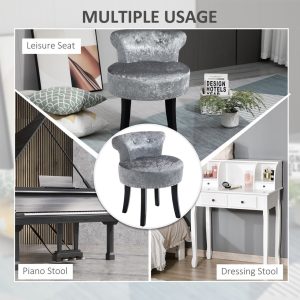 Dressing Table Stool Vanity Seat w/ Rubber Wood Legs Bedroom - Grey - Image 6