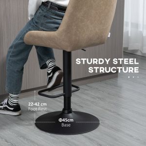 HOMCOM Bar Stools Set of 2, Adjustable Bar Chairs 360° Swivel for Kitchen Khaki - Image 7