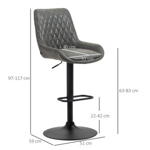 HOMCOM Bar Stools Set of 2, Adjustable Bar Chairs 360° Swivel for Kitchen Grey - Image 3