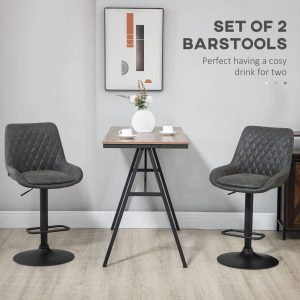 HOMCOM Bar Stools Set of 2, Adjustable Bar Chairs 360° Swivel for Kitchen Grey - Image 4