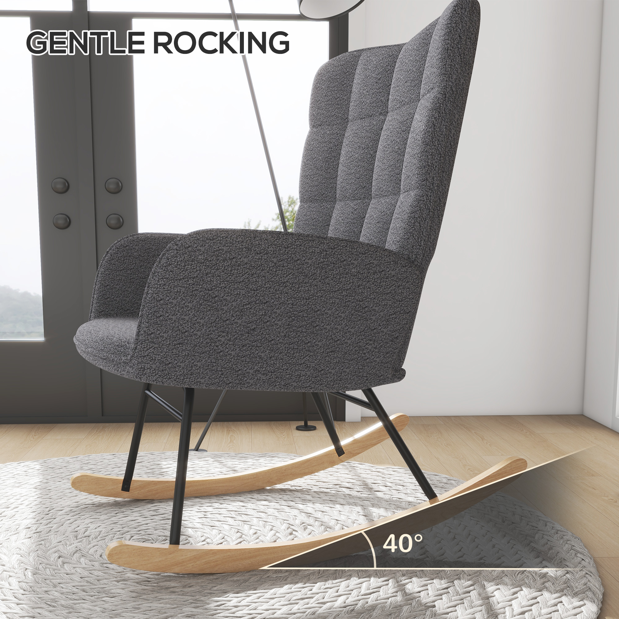 Wingback Rocking Chair for Nursing w/ Steel Frame and Wooden Base Grey - Image 4