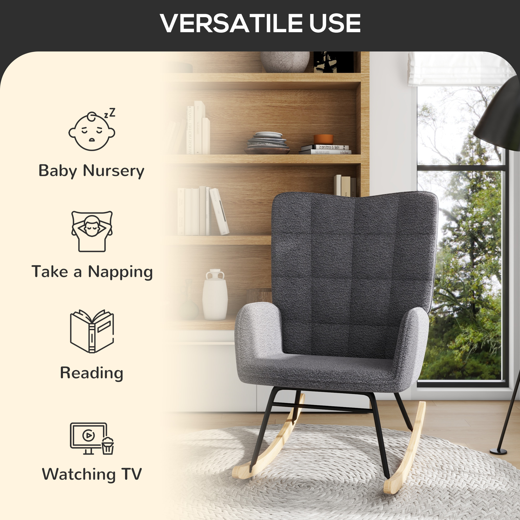 Wingback Rocking Chair for Nursing w/ Steel Frame and Wooden Base Grey - Image 6