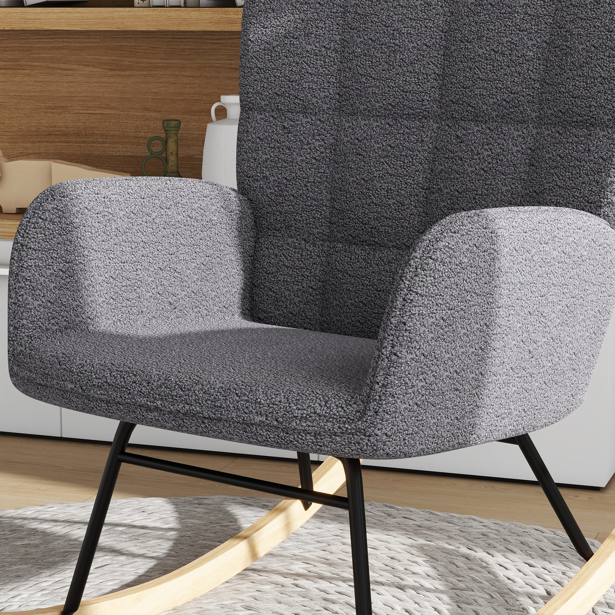 Wingback Rocking Chair for Nursing w/ Steel Frame and Wooden Base Grey - Image 8