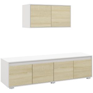 HOMCOM TV Cabinet Set with Wall-Mounted Cupboard and Adjustable Shelves, Natural