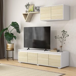HOMCOM TV Cabinet Set with Wall-Mounted Cupboard and Adjustable Shelves, Natural - Image 2