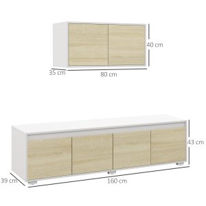 HOMCOM TV Cabinet Set with Wall-Mounted Cupboard and Adjustable Shelves, Natural - Image 3