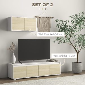 HOMCOM TV Cabinet Set with Wall-Mounted Cupboard and Adjustable Shelves, Natural - Image 4