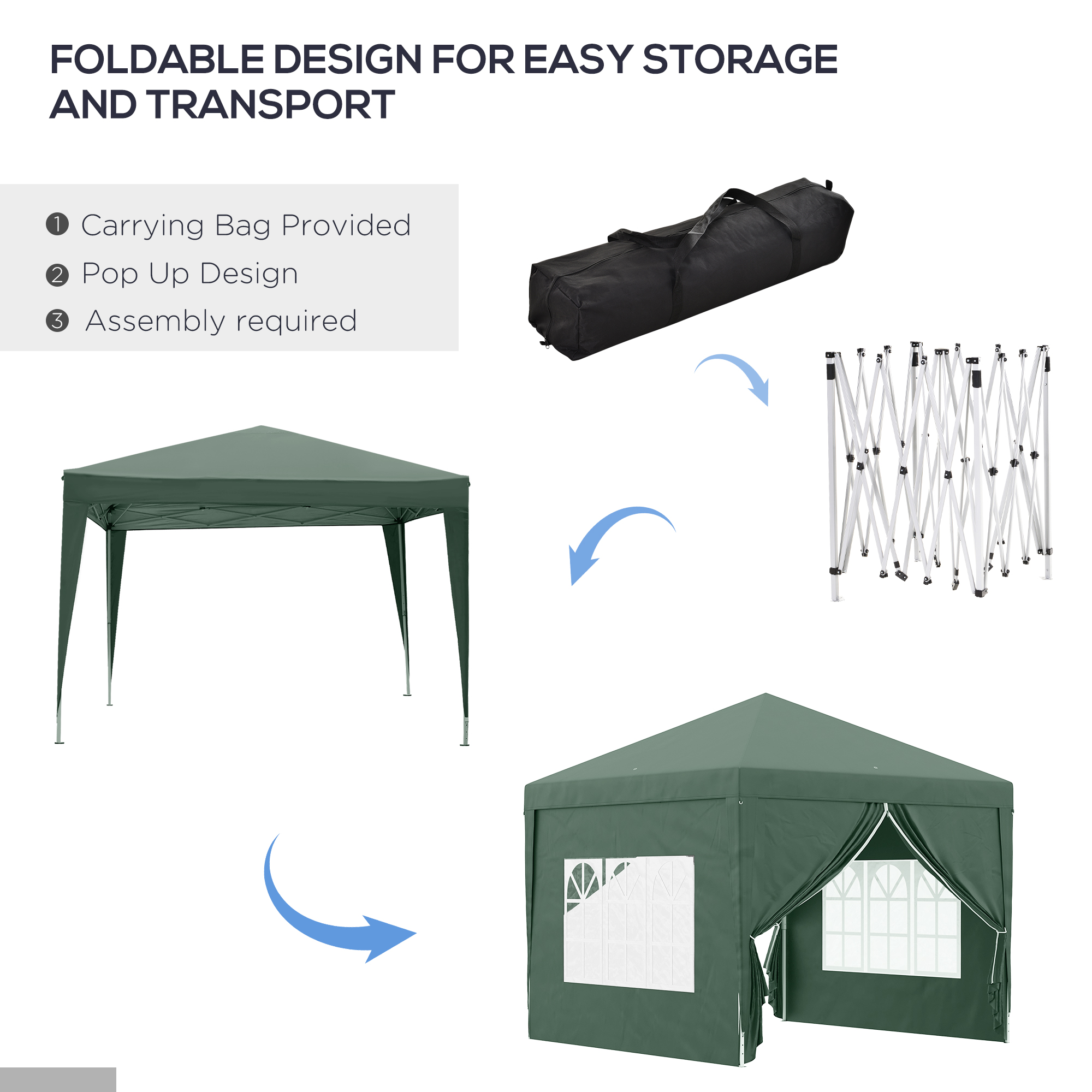 Outsunny 3mx3m Pop Up Gazebo Party Tent Canopy Marquee with Storage Bag Green - Image 5