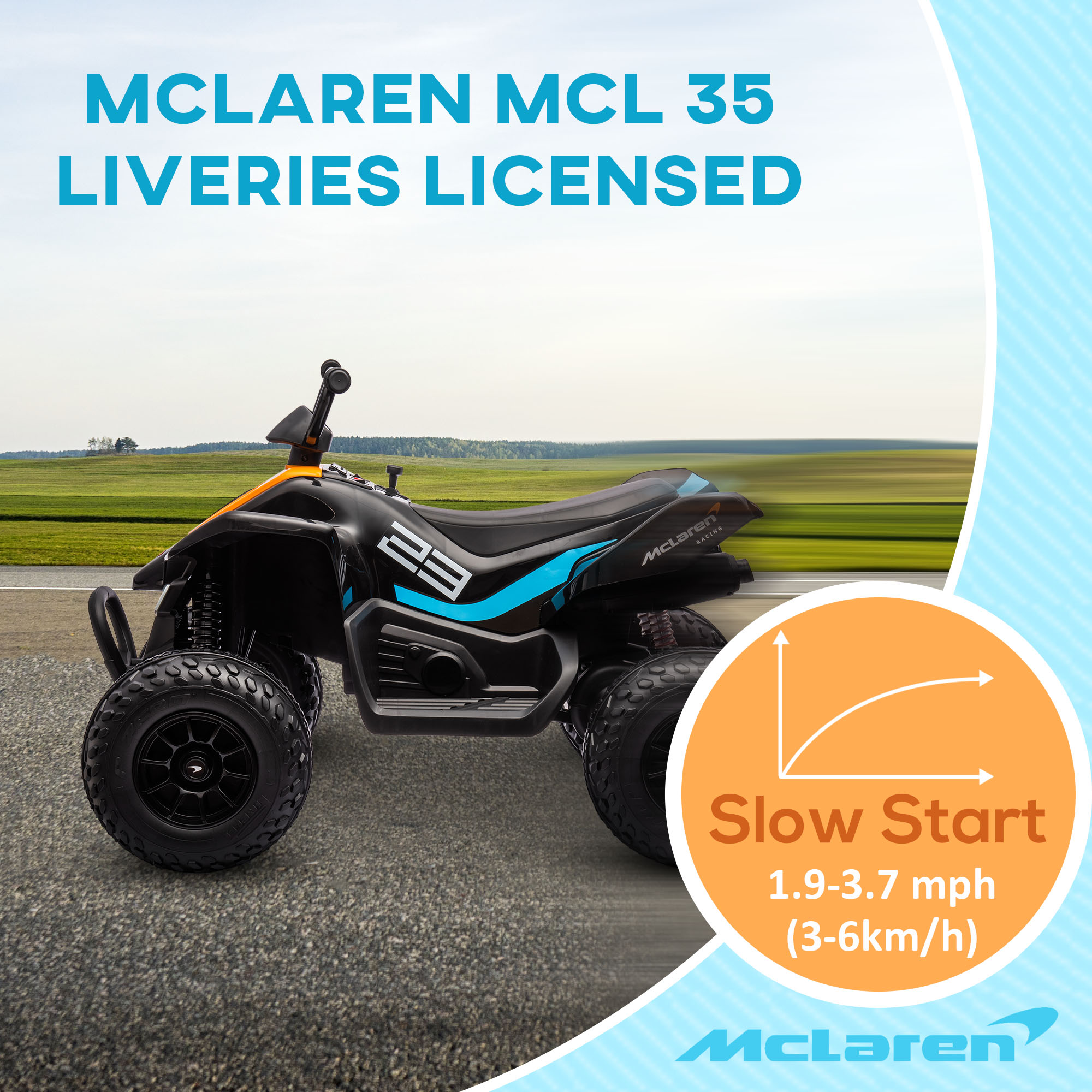 McLaren MCL 35 Liveries Licensed 12V Quad Bike w/ Suspension Wheels - Black - Image 4