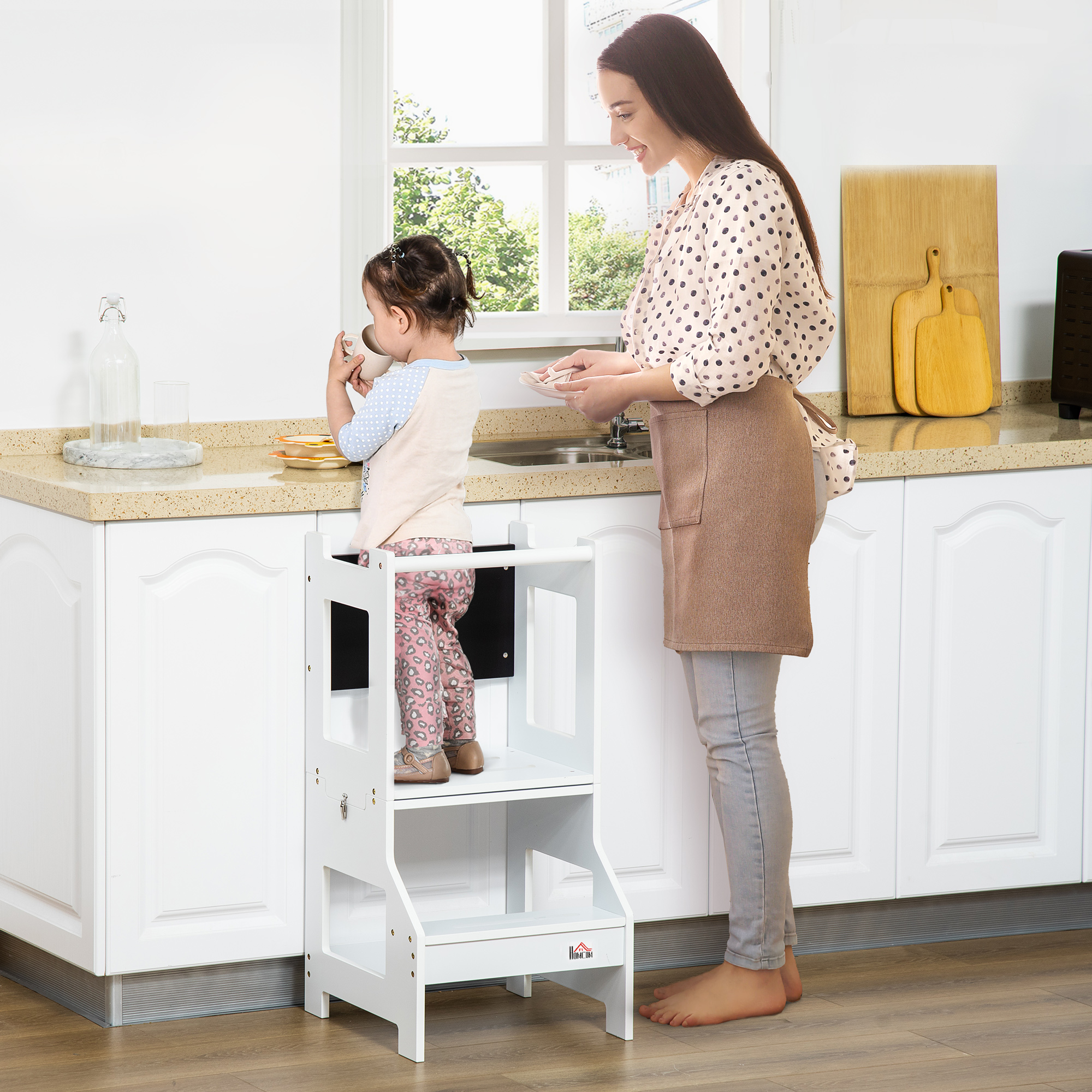2 in 1 Kids Kitchen Step Stool Helper with Safety Rail Learning Tower - Image 2