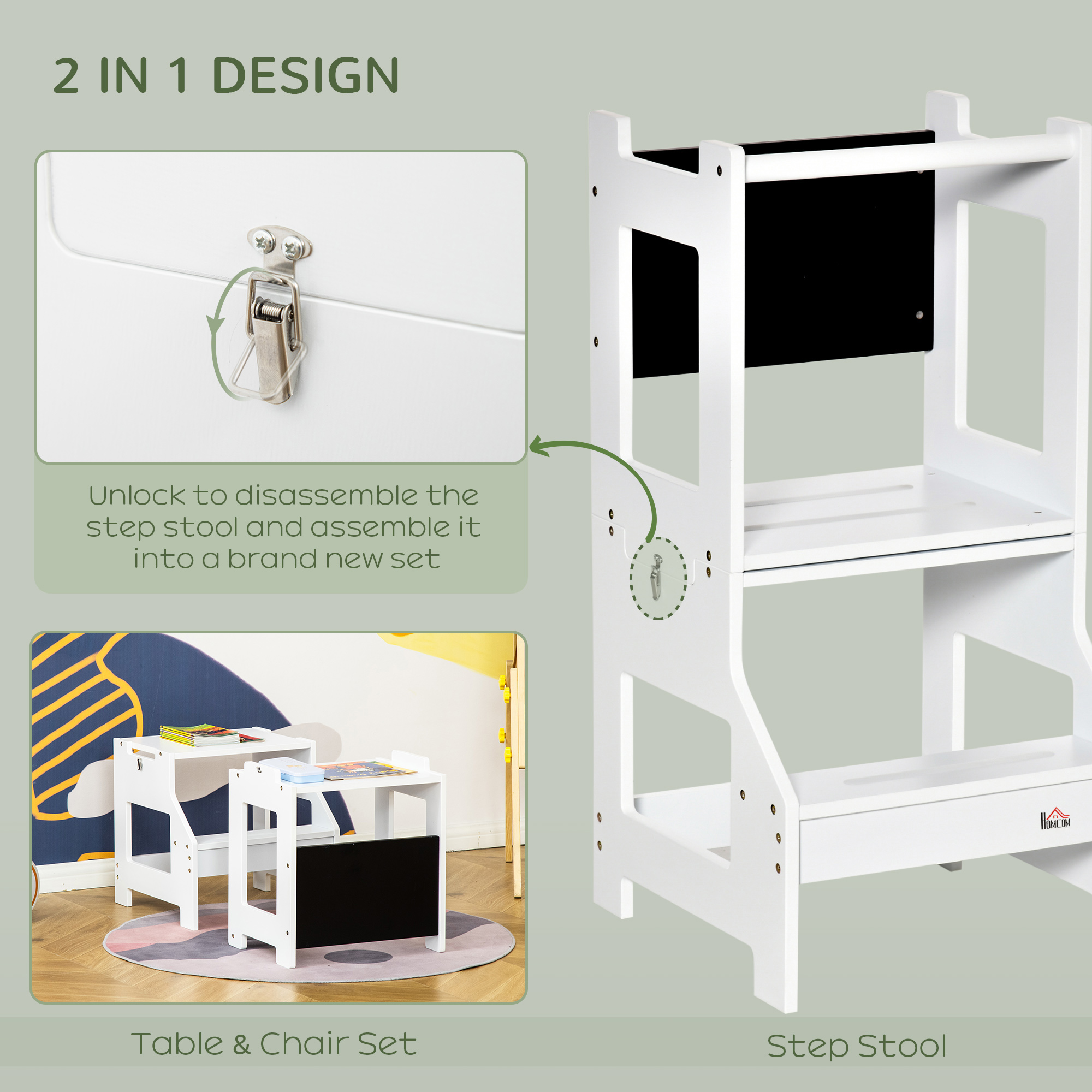 2 in 1 Kids Kitchen Step Stool Helper with Safety Rail Learning Tower - Image 4