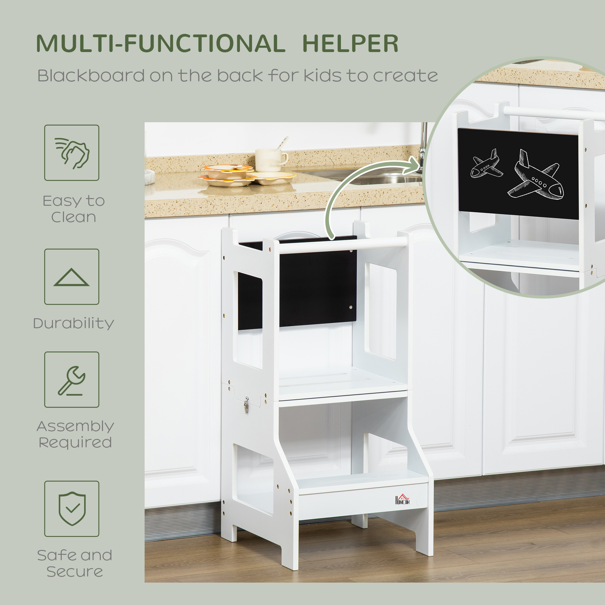 2 in 1 Kids Kitchen Step Stool Helper with Safety Rail Learning Tower - Image 6