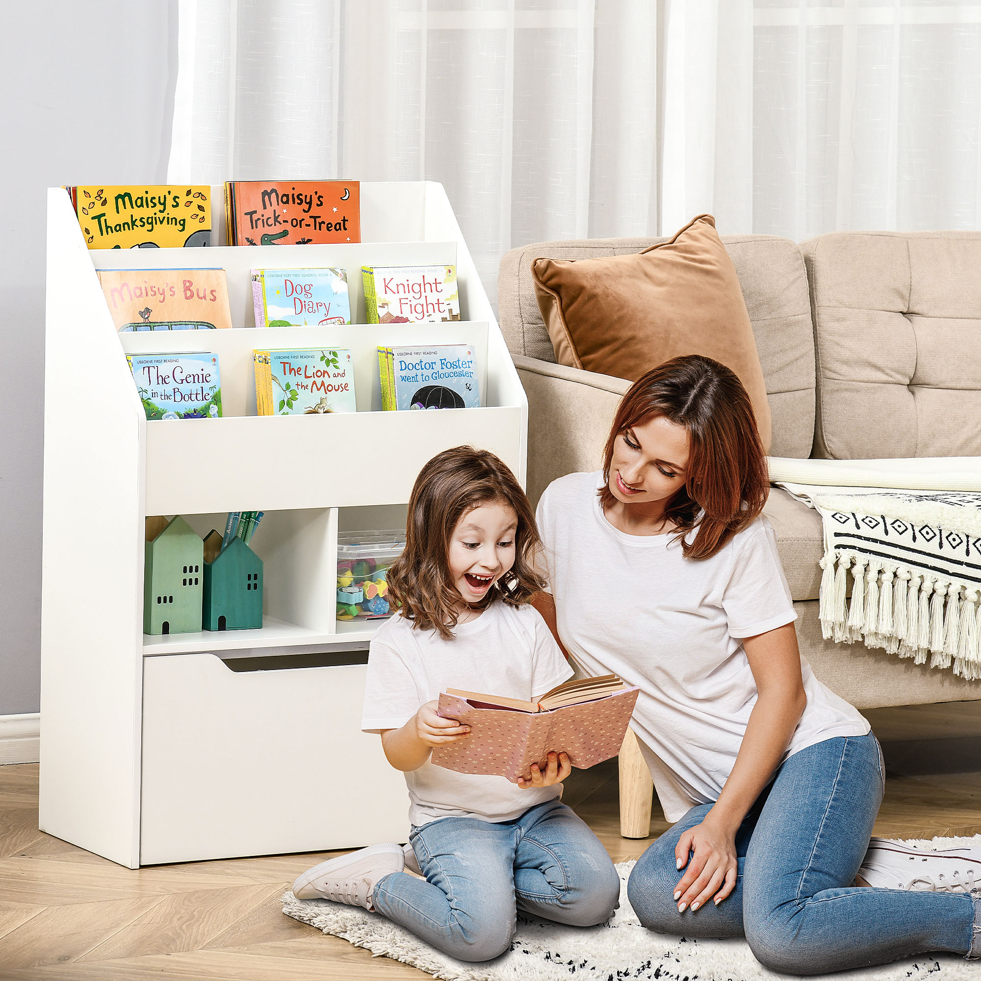 Children's Bookcase, Toy Organiser w/ Wheels, for Bedroom - White - Image 2