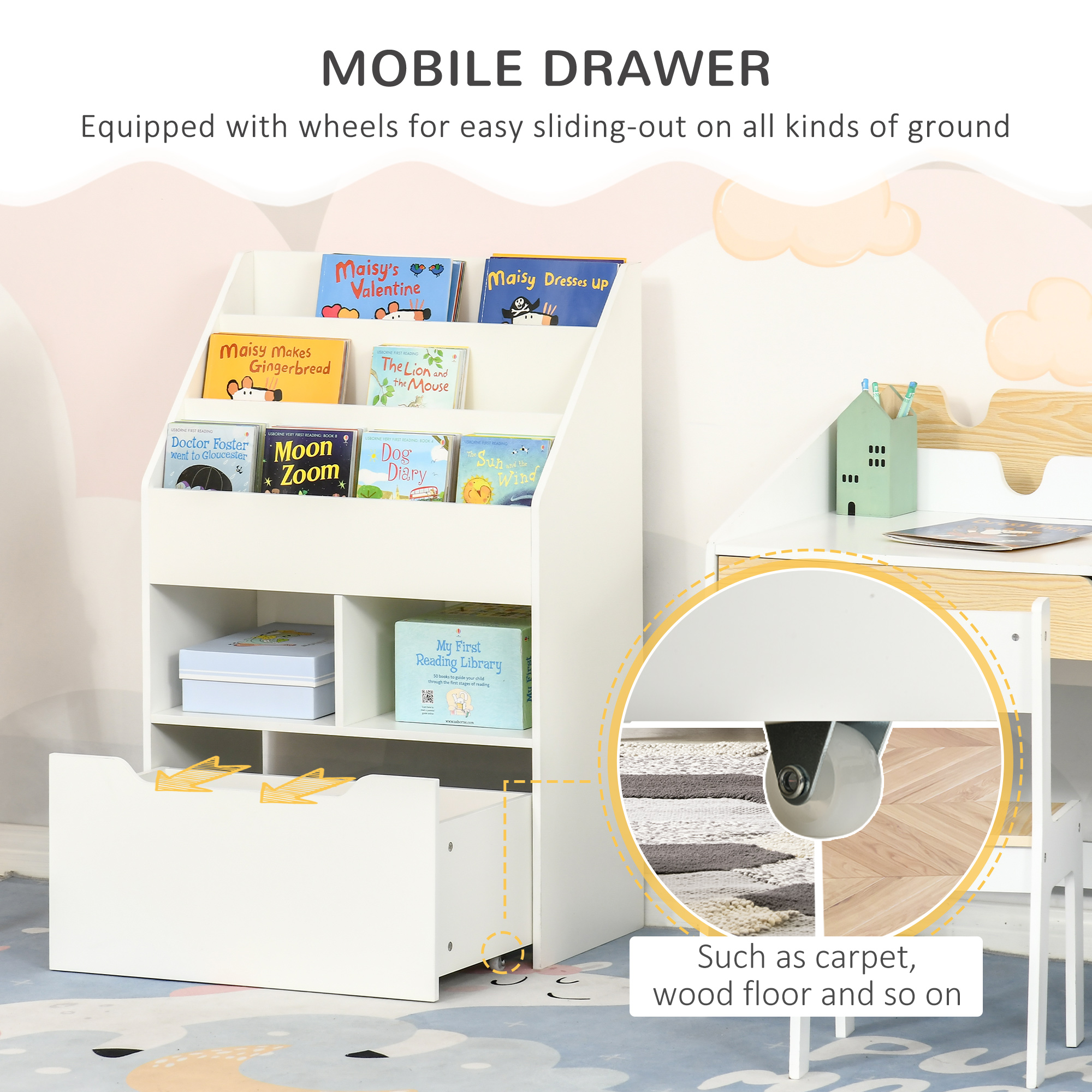 Children's Bookcase, Toy Organiser w/ Wheels, for Bedroom - White - Image 6