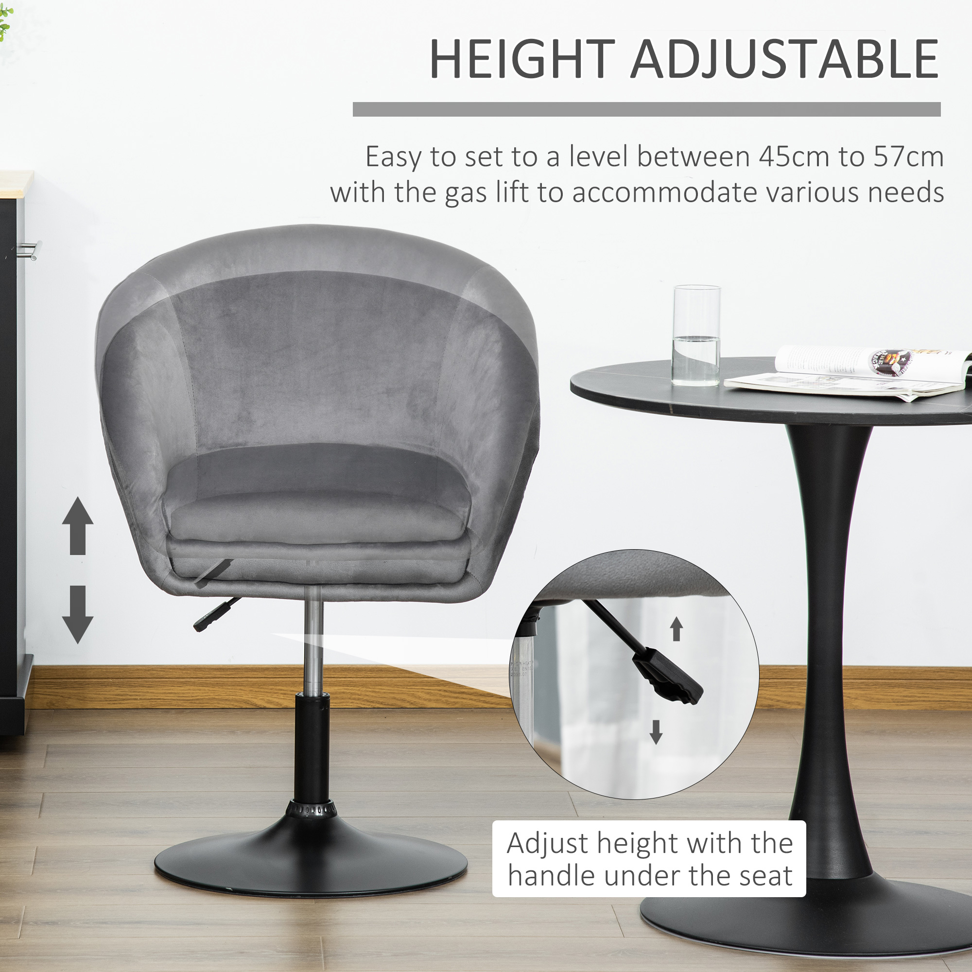 HOMCOM Swivel Bar Stool Fabric Dining Chair Dressing Stool Tub Seat Grey - Image 5