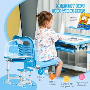 HOMCOM Kids Study Desk and Chair Set w/ USB Lamp, Adjustable Height, Blue - Image 6