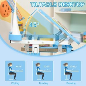 HOMCOM Kids Study Desk and Chair Set w/ USB Lamp, Adjustable Height, Blue - Image 4