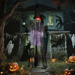 Outsunny Voice Activated Halloween Animatronics Hanging Witch, Purple - Image 3
