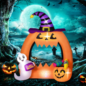 Outsunny 4.9FT Tall Halloween Inflatable Pumpkin Archway w/ Cute Ghost - Image 2