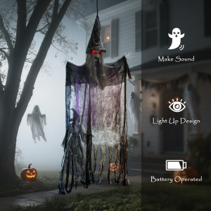 Outsunny Voice Activated Halloween Animatronics Hanging Witch, Purple - Image 8