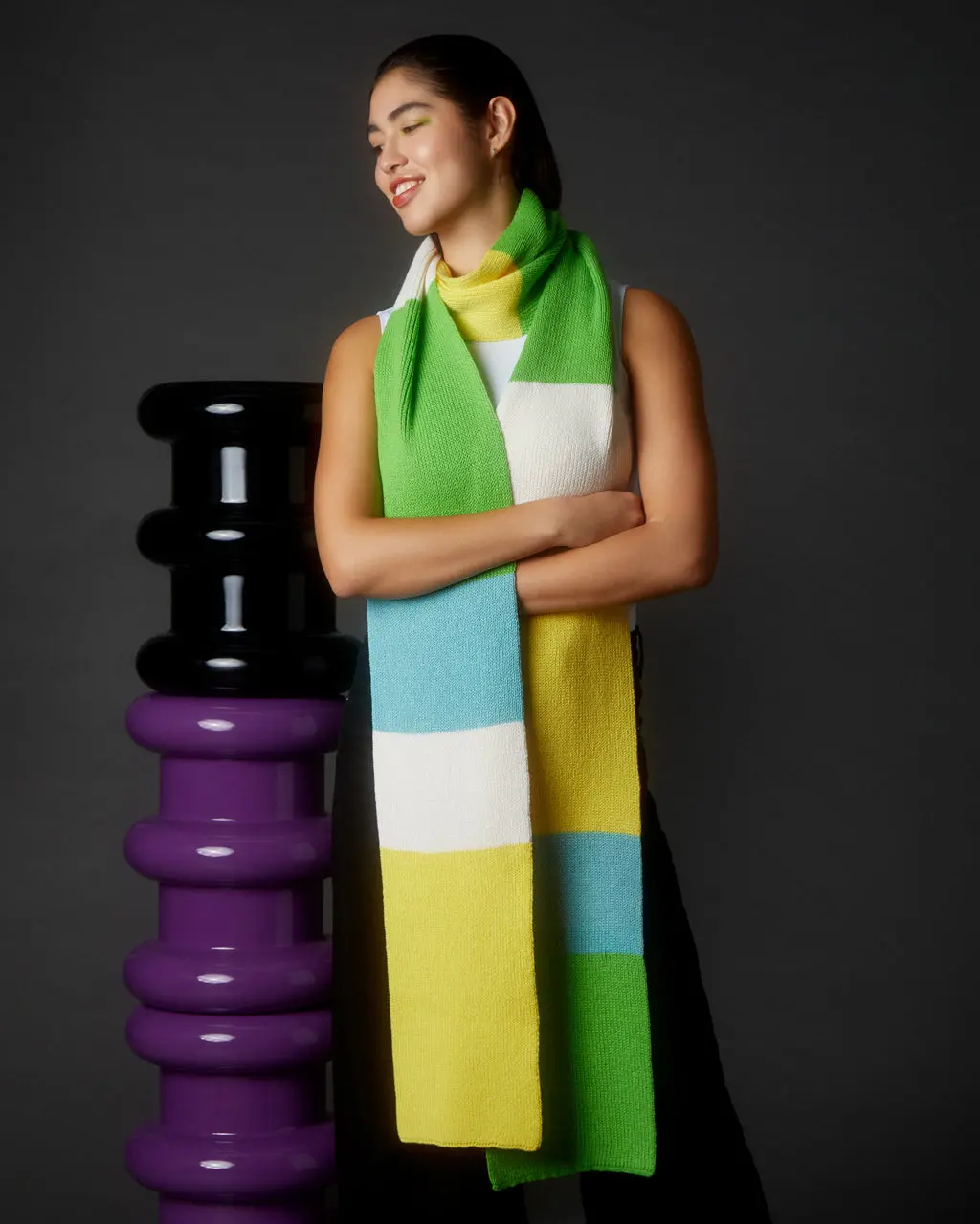 Alternative view of Ribbed Colour Block Wool & Cashmere Scarf Long Green