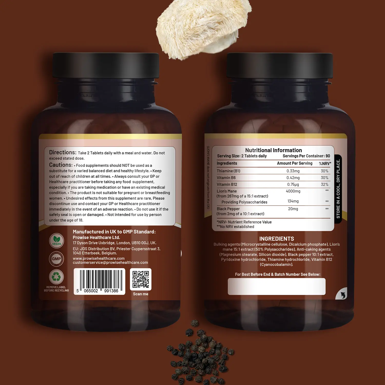 Alternative view of Lions Mane Mushroom Supplement 4000mg with Vitamin B1, B6, B12 & Black Pepper - 180 Super Strength Vegan Tablets with 50% Polysaccharides (Not Powder or Capsules) | Made in The UK by Prowise