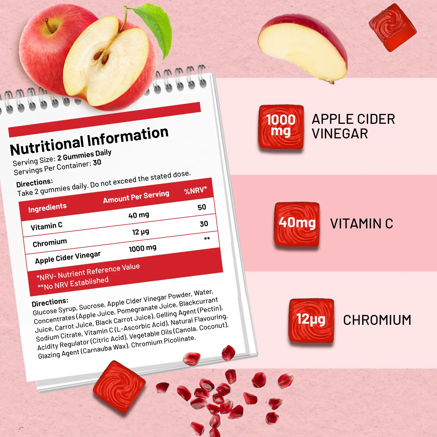 Alternative view of Vegan Apple Cider Vinegar Gummies | Apple Flavour | High Strength 1000mg with Vitamin C, Chromium and Pomegranate | Natural Apple Cider Vinegar | Non-GMO, Gluten-Free & Gelatine-Free by Prowise