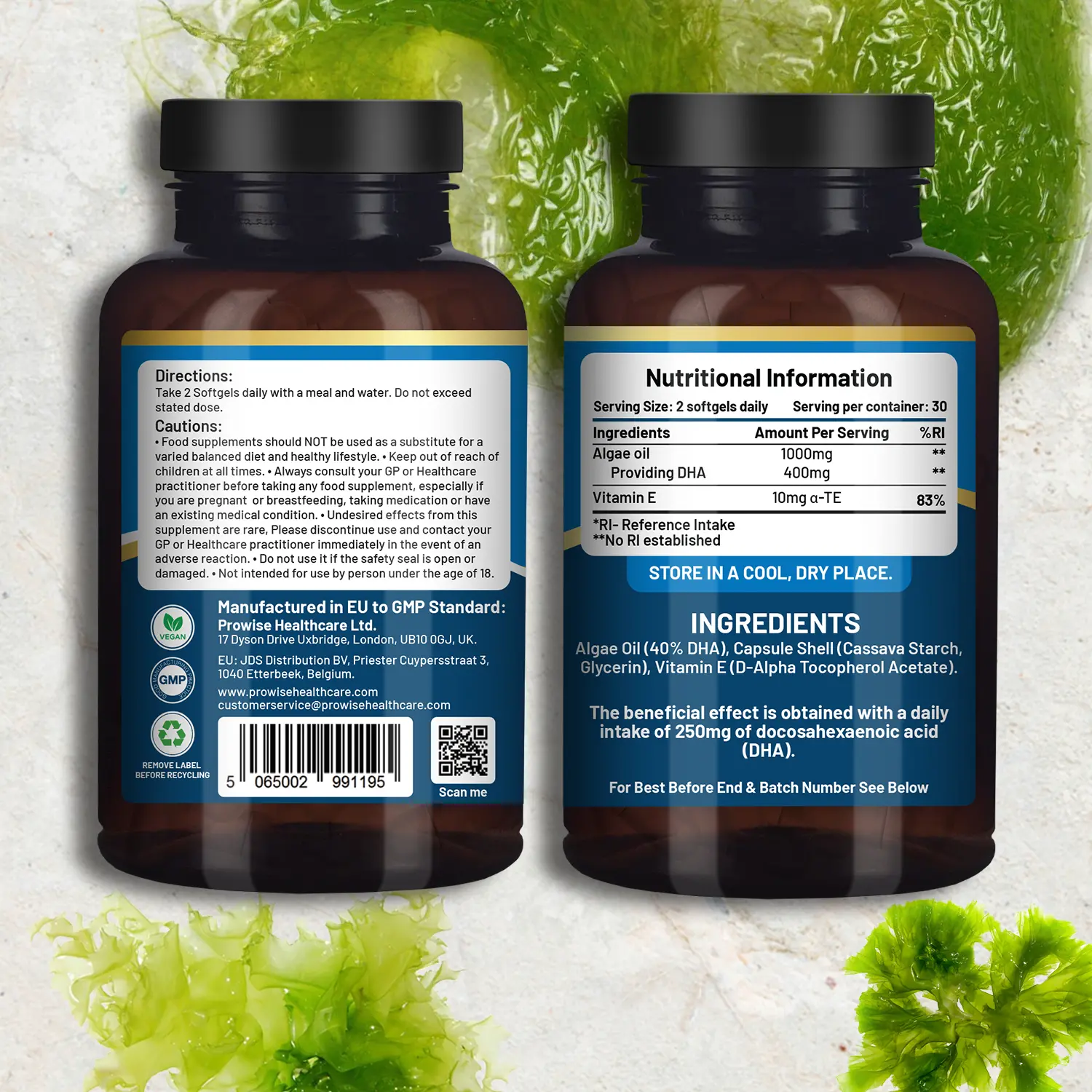 Alternative view of Prowise Vegan Omega-3 DHA from Algae Oil | 60 Softgels with Vitamin E | 400mg DHA + 10mg Vitamin E | 100% Plant-Based | Supports Brain, Eye, and Joint Health