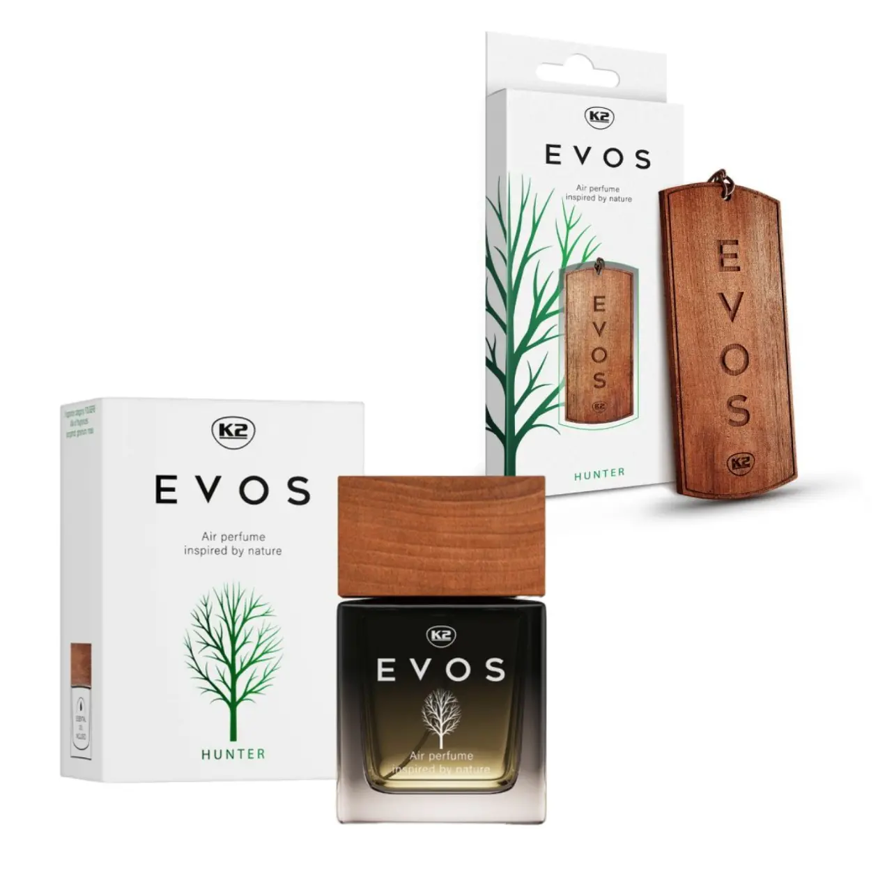 K2 EVOS HUNTER Car Fragrance Duo - Earthy Bergamot & Moss Wooden Hanger & Perfume Set