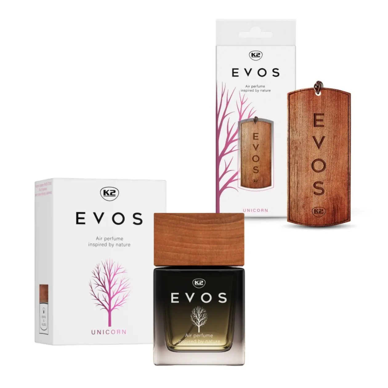 K2 EVOS Unicorn Car Air Freshener Bundle Wooden Hanger & Perfume Set