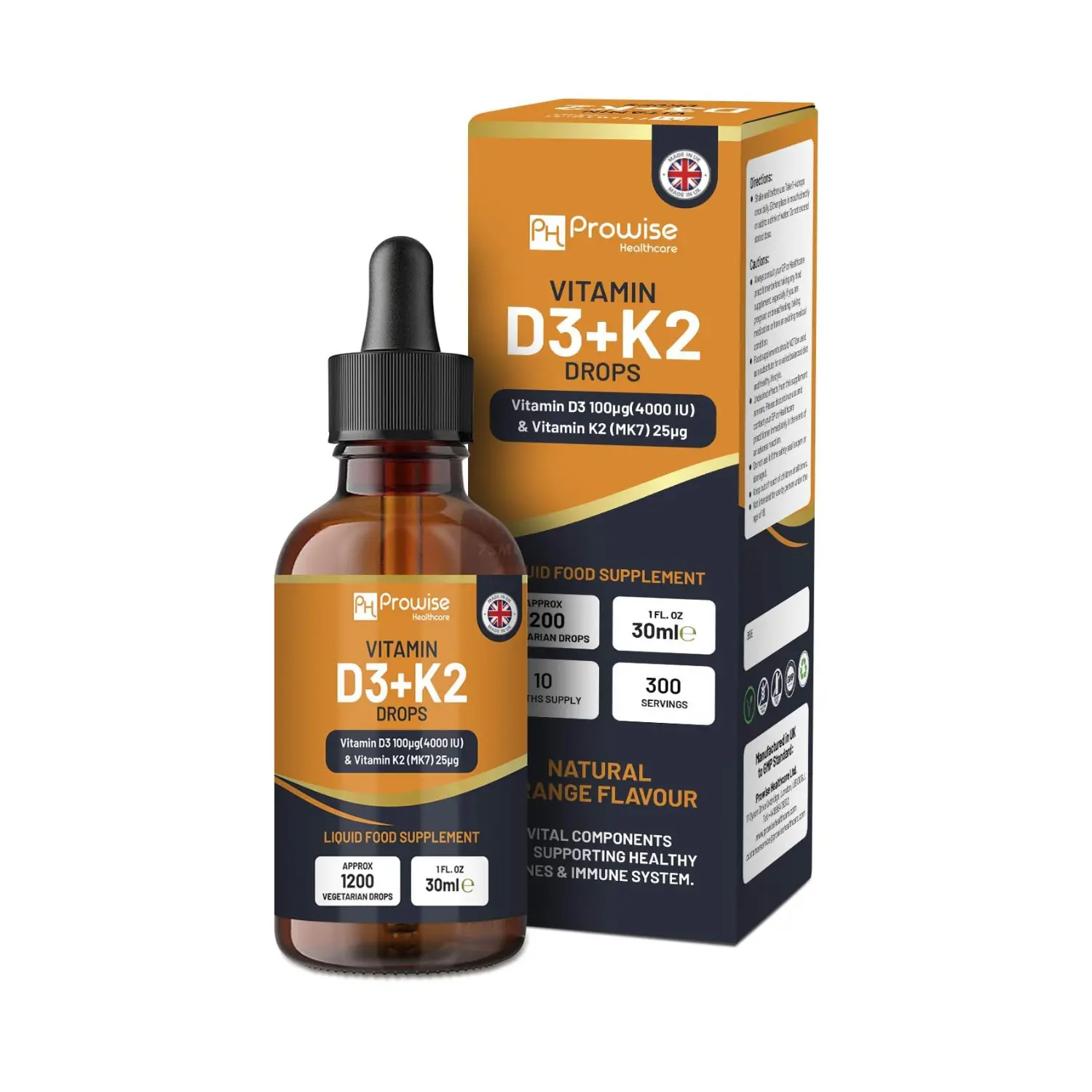 Vitamin D3 4000iu + K2 MK7 25g I Orange Liquid Drops I High Strength 4000iu D3 + 25g K2- 30ml Bottle I Fast Absorption I Made in UK
