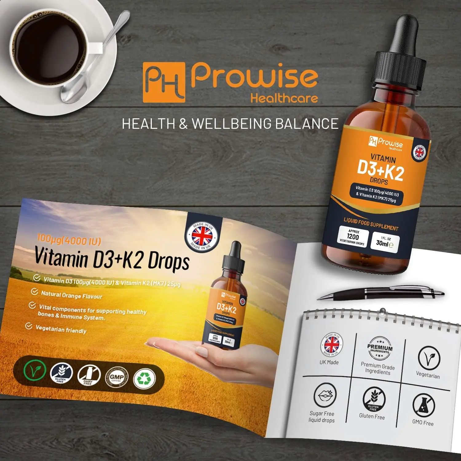 Alternative view of Vitamin D3 4000iu + K2 MK7 25g I Orange Liquid Drops I High Strength 4000iu D3 + 25g K2- 30ml Bottle I Fast Absorption I Made in UK