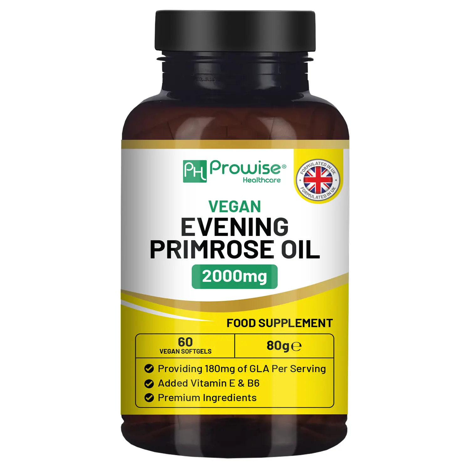Vegan Evening Primrose Oil 2000mg with Vitamin E & B6 60 Vegan Softgels| Pure Cold Pressed I 180mg GLA per Capsule I Women's Health I Premium Quality I by Prowise Healthcare