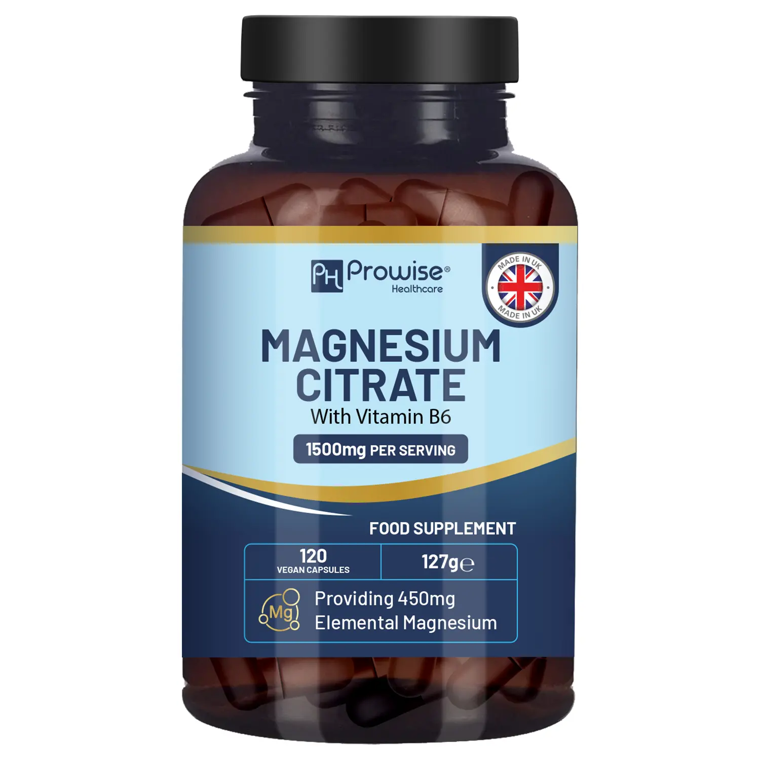 Magnesium Citrate Capsules 1500mg with Vitamin B6 | 120 Vegan Tablets | 450mg Elemental Mg | High Strength Magnesium Supplements for Women & Men | Capsules not Tablets| Made in UK by Prowise