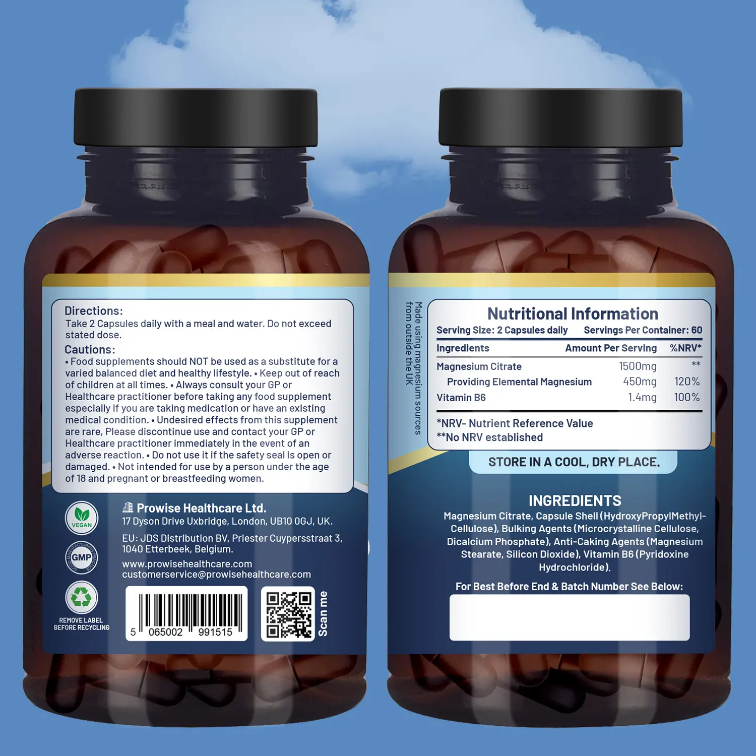 Alternative view of Magnesium Citrate Capsules 1500mg with Vitamin B6 | 120 Vegan Tablets | 450mg Elemental Mg | High Strength Magnesium Supplements for Women & Men | Capsules not Tablets| Made in UK by Prowise