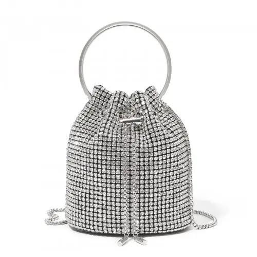 Women's Rhinestone Evening Bag Sparkly Handbag with Metal Ring Handle and Chain Crossbody Strap - Silver