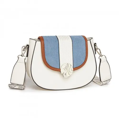 Miss Lulu Womens PU Leather Ethnic Style Crossbody Bag with Corduroy Flap and Adjustable Strap - Blue and Beige