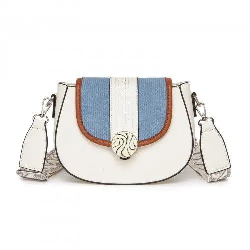 Alternative view of Miss Lulu Womens PU Leather Ethnic Style Crossbody Bag with Corduroy Flap and Adjustable Strap - Blue and Beige