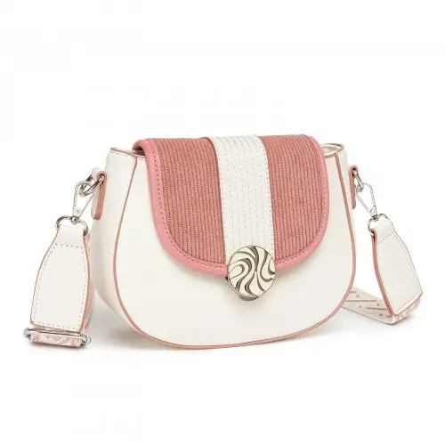 Miss Lulu Womens PU Leather Ethnic Style Crossbody Bag with Corduroy Flap and Adjustable Strap - Pink and Beige