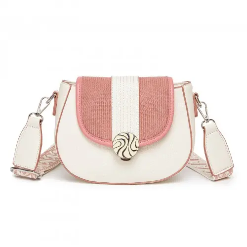 Alternative view of Miss Lulu Womens PU Leather Ethnic Style Crossbody Bag with Corduroy Flap and Adjustable Strap - Pink and Beige