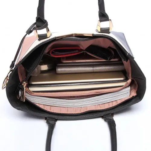 Miss Lulu Leather Look V-Shape Multicolour Tote Bag - Nude - Image 5