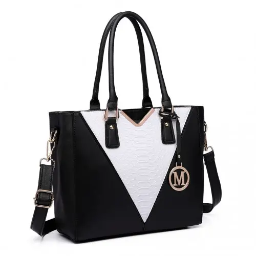 Alternative view of Miss Lulu Leather Look V-Shape Multicolour Tote Bag - Black