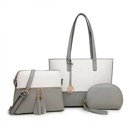Miss Lulu Elegant 3-Piece Leather Look Tote Bag Set - Versatile Chic for Every Occasion - Grey And White