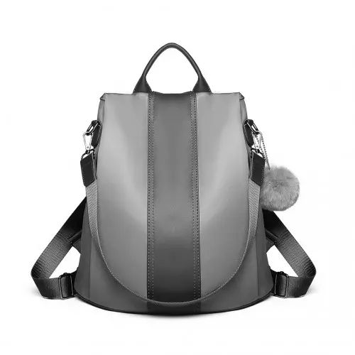 Miss Lulu Two Way Backpack Shoulder Bag with Pom Pom Pendant - Grey