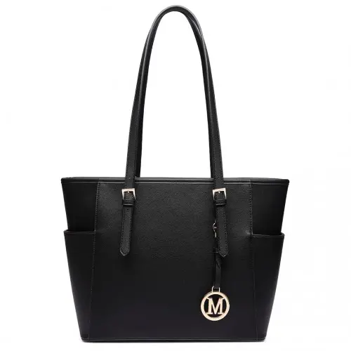 Alternative view of Miss Lulu Faux Leather Adjustable Handle Tote Bag - Black