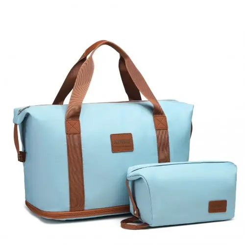 Kono Two Pieces Expandable Durable Waterproof Travel Duffel Bag Set - Grayish Blue And Brown